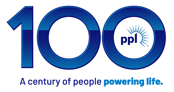 Blue and white PPL 100th Anniversary logo with tagline A century of people powering life